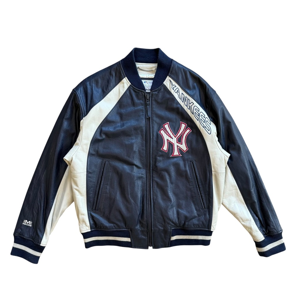 Vintage Mirage New York Yankees Leather Varsity Jacket Navy Blue Mens Medium MLB